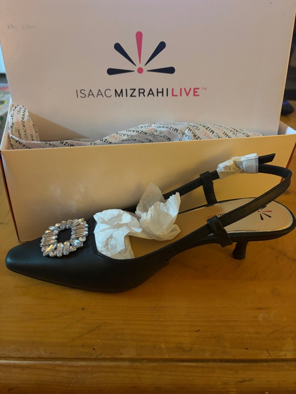 Isaac Mizrahi Black Slingback Heel with Crystal Brooch